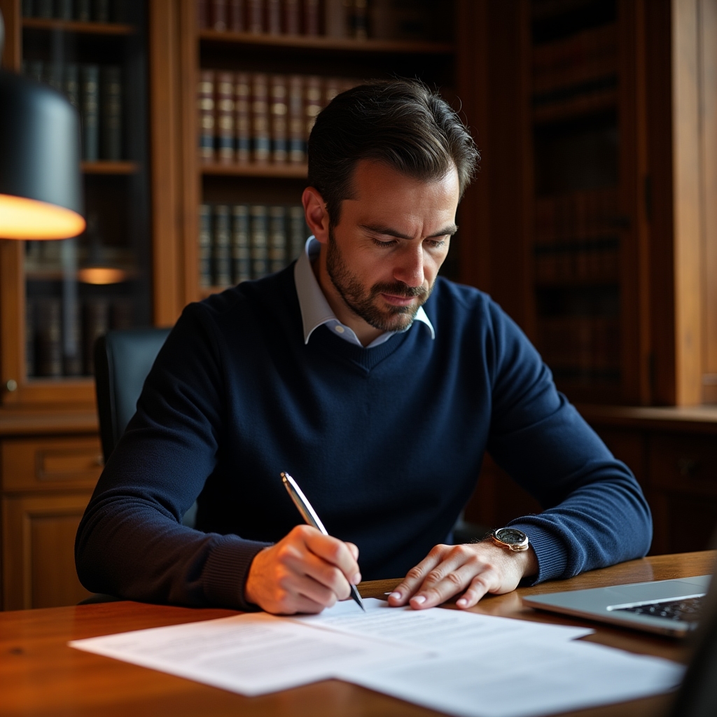 Chiriaș care citește și semnează un contract de închiriere